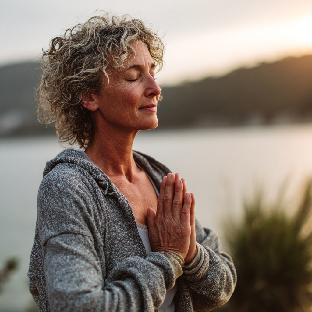 Middle-aged adult practicing gentle yoga postures in a calm natural setting