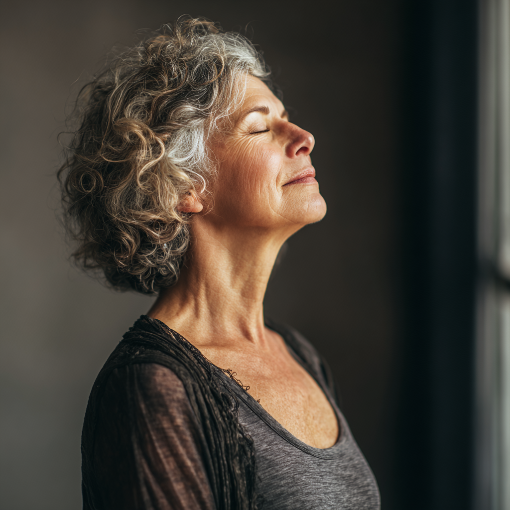 Older adult in peaceful meditation pose with focus on breath and posture